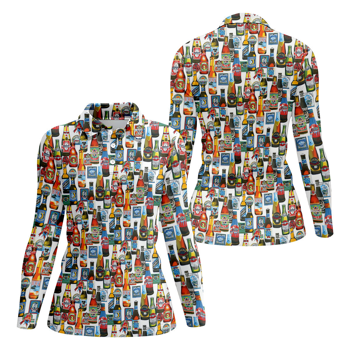 Beer Bottle Labels White Golf Shirt, Fun Women's Golf Shirts, Women's Golf Tops, Ladies Golf Shirt