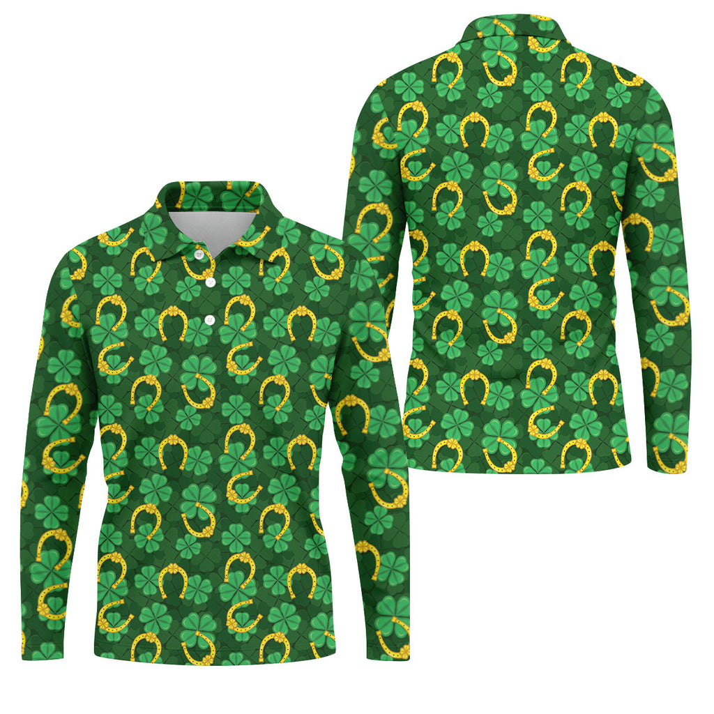 Four Leaf Clovers Golden Horseshoes St Patrick's Day Golf Shirt, Polo Shirts For Men, Golf Shirts For Men