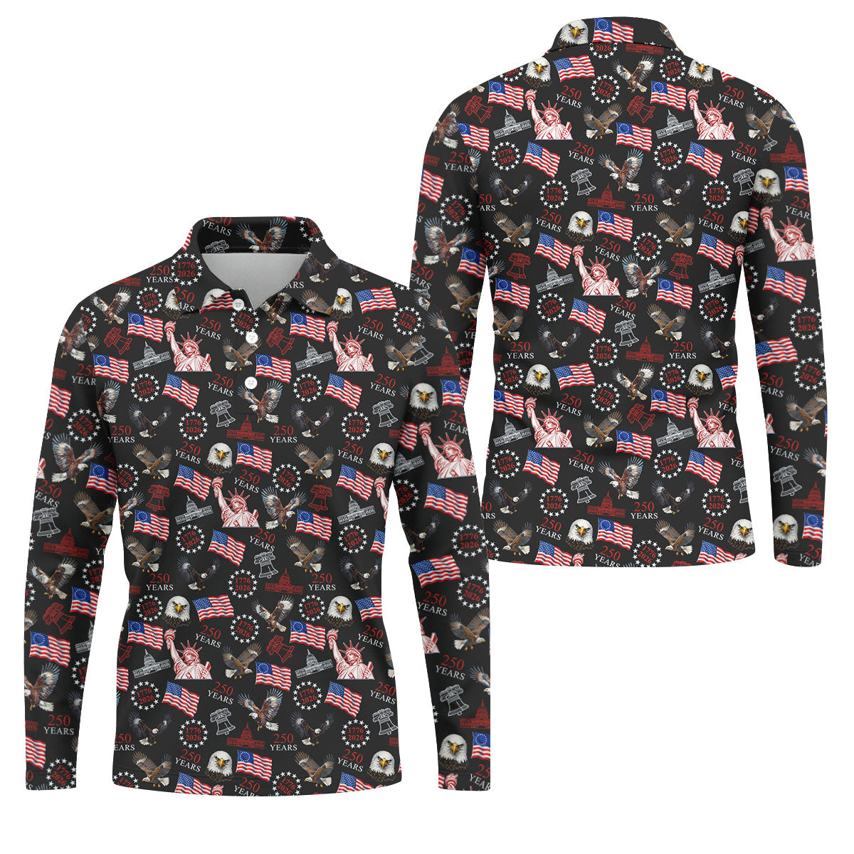 250 Years American Symbol Patriotic Pattern Black Golf Shirt, 4th Of July Golf Shirt, Golf Shirts For Men