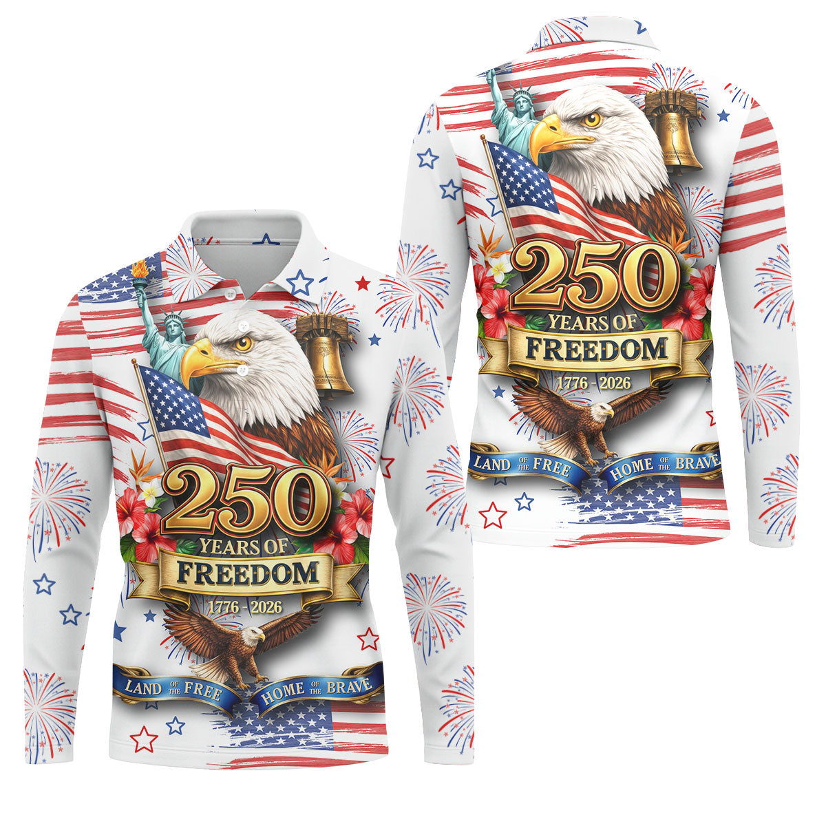 250 Years Of Freedom 1776-2026 White 4th Of July Golf Shirts For Men, 250th Anniversary Patriotic Golf Shirt