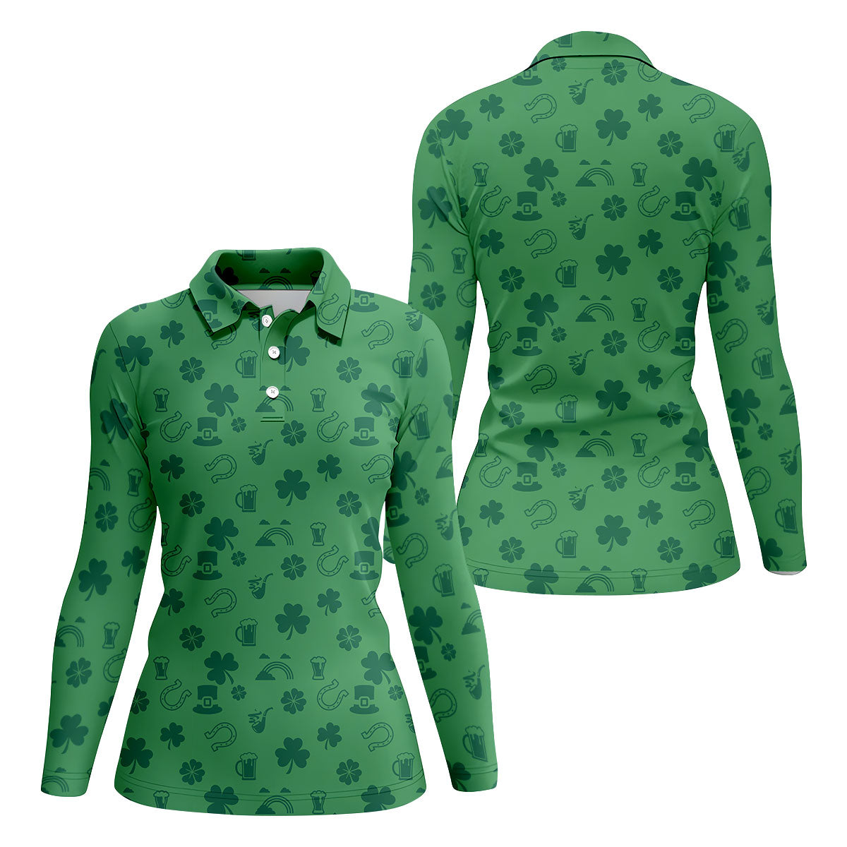 Leprechaun Hat Shamrock Beer Dark Green Seamless Pattern St. Patrick’s Day Golf Shirt, Women's Golf Tops