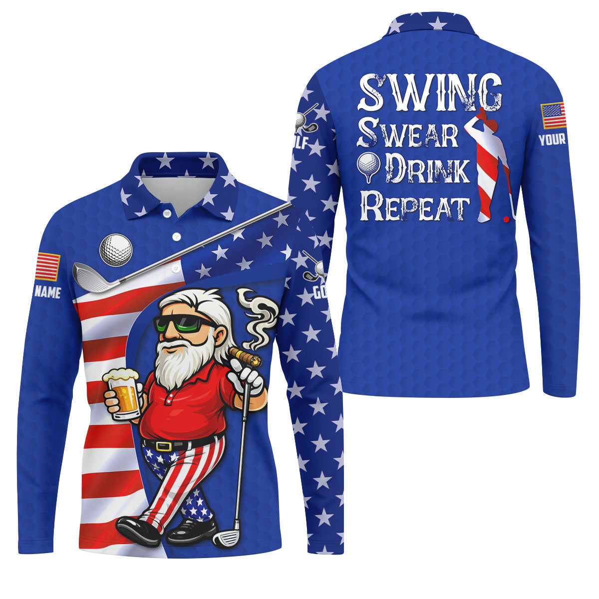 Swing Swear Drink Repeat Golf And Beer Patriotic Man 4th Of July Navy Golf Shirt, 250 Years Golf Shirts For Men