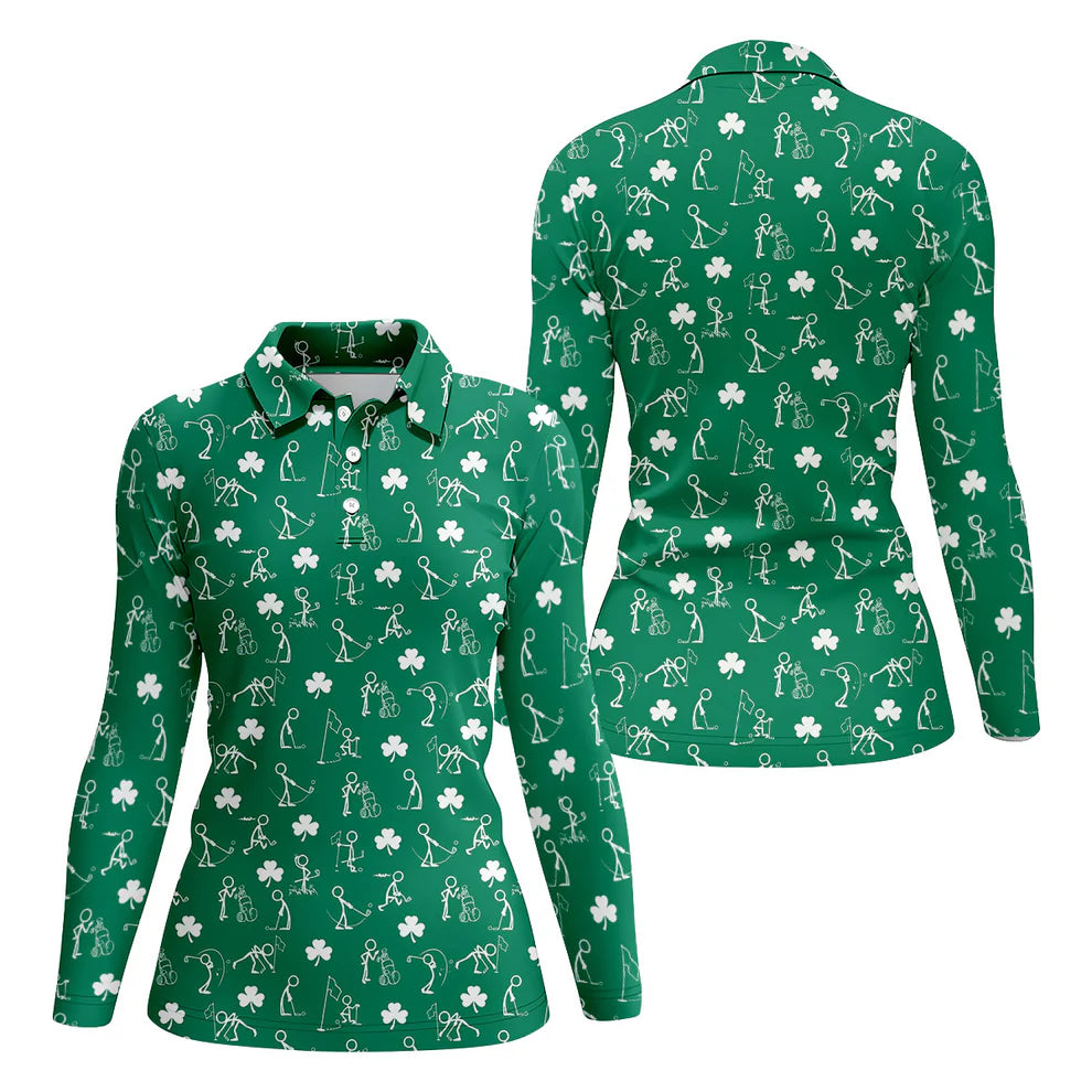 Stick Figure Golf Pose St Patrick's Day Shamrock Green Golf Shirt, Women's Golf Tops