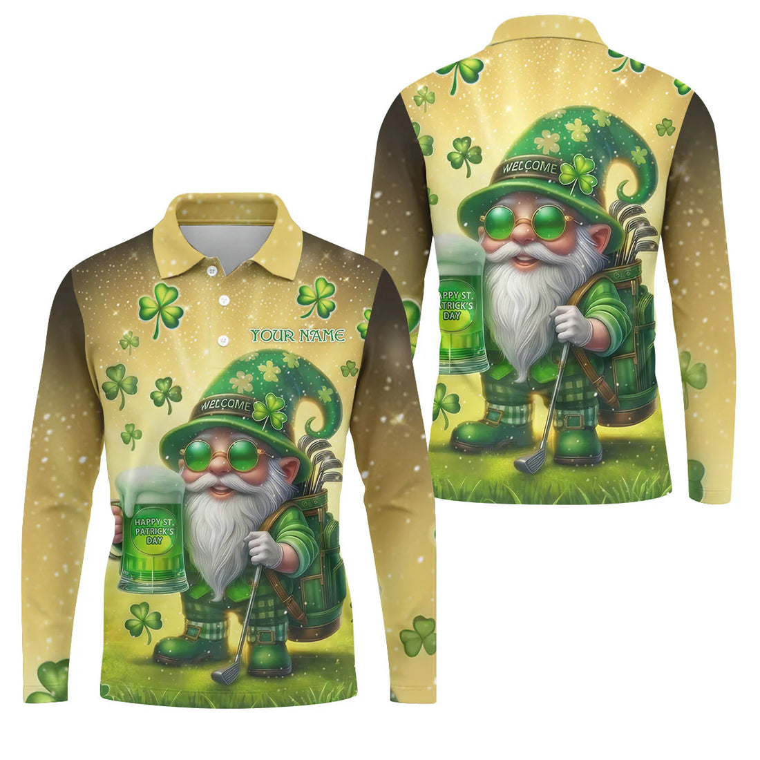 Personalized Men's Happy St Patrick's Day Shamrock Gnome Golf And Beer Shirts, Custom Name