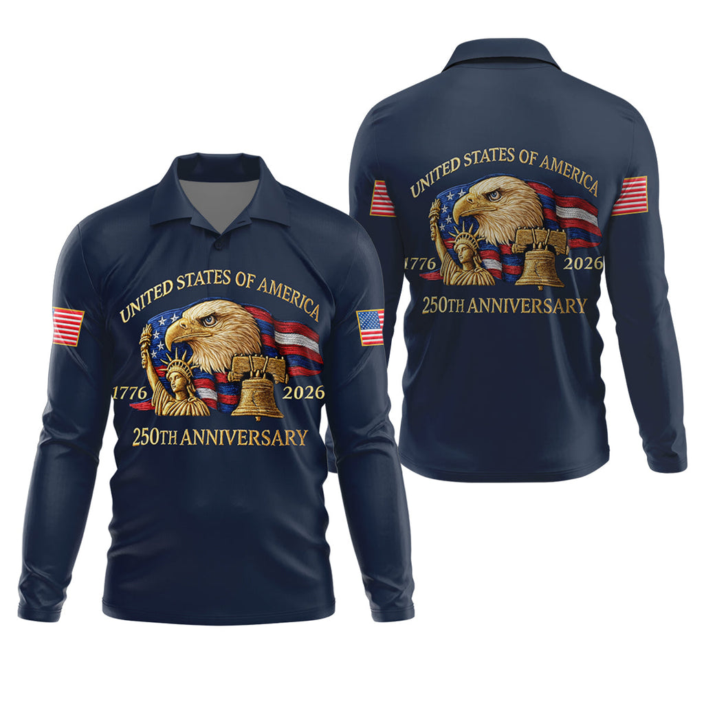 US America 250th Anniversary Patriot Eagle Embroidery Effect Golf Tops For Men, Patriot Golf Shirts For Men