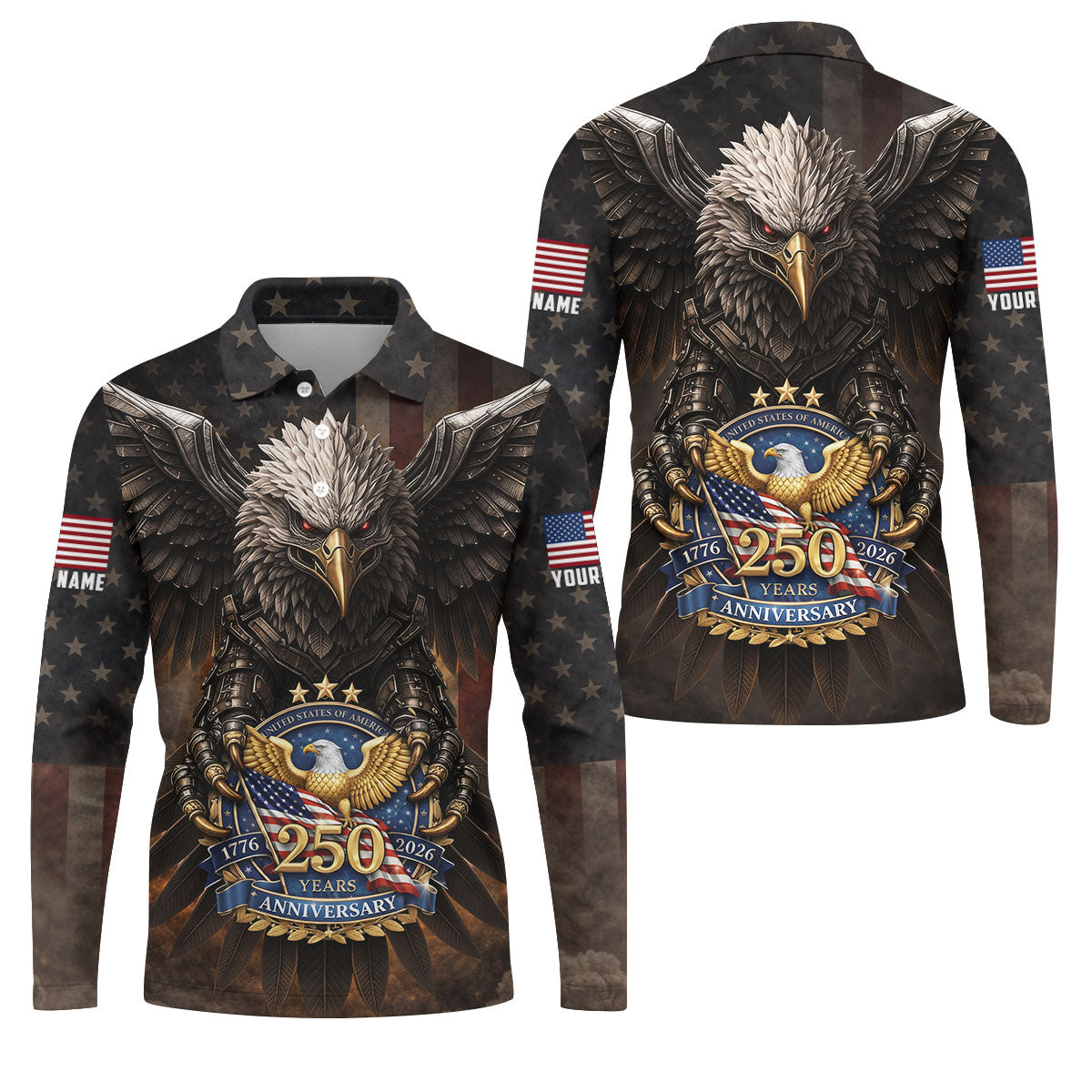 250 Years Fierce Eagle American Flag Retro Golf Shirt, Patriotic 4th Of July Golf Shirts For Men