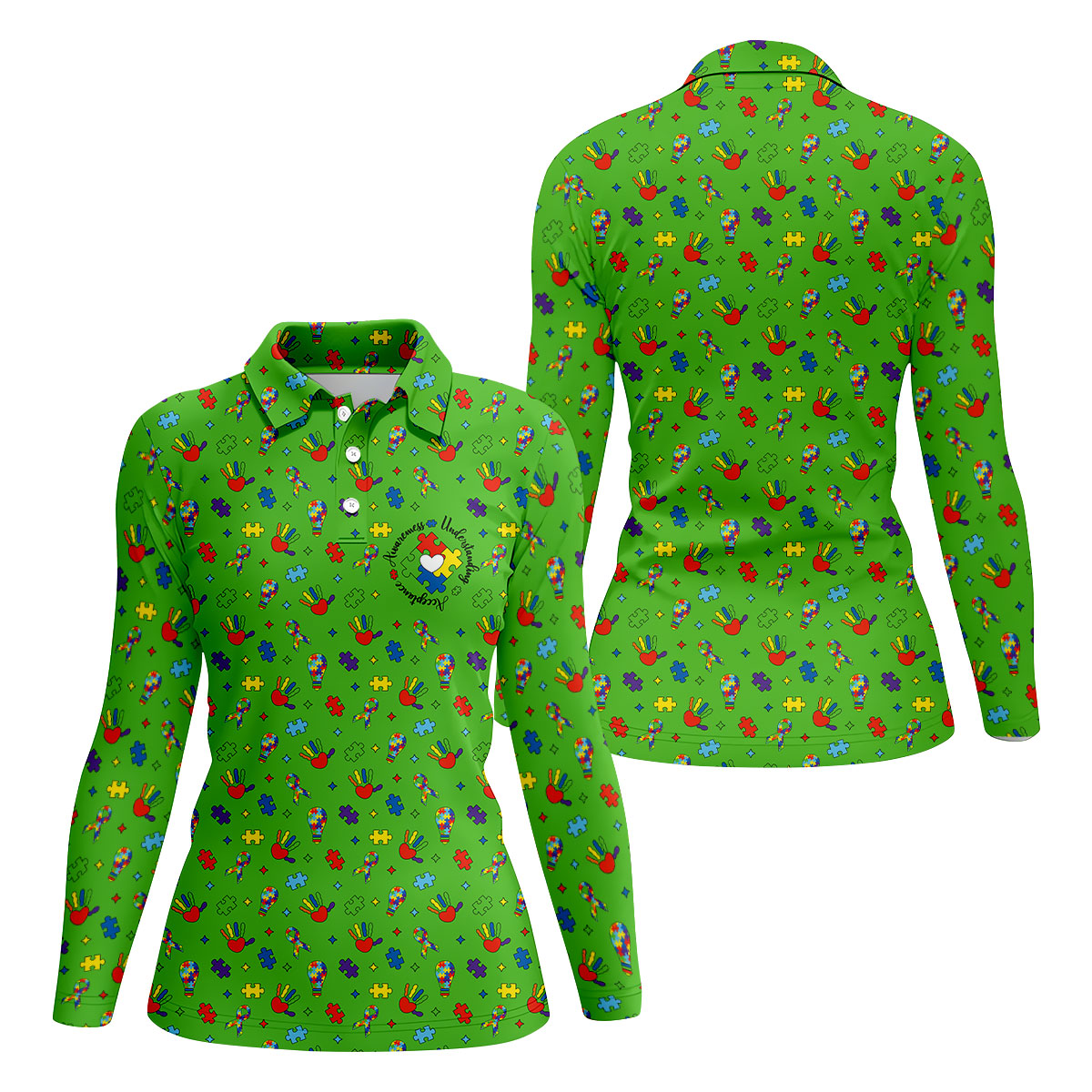 Awareness Understanding Acceptance Autism Ribbon Green Golf Shirt, Autism Awareness Colors Women's Golf Tops