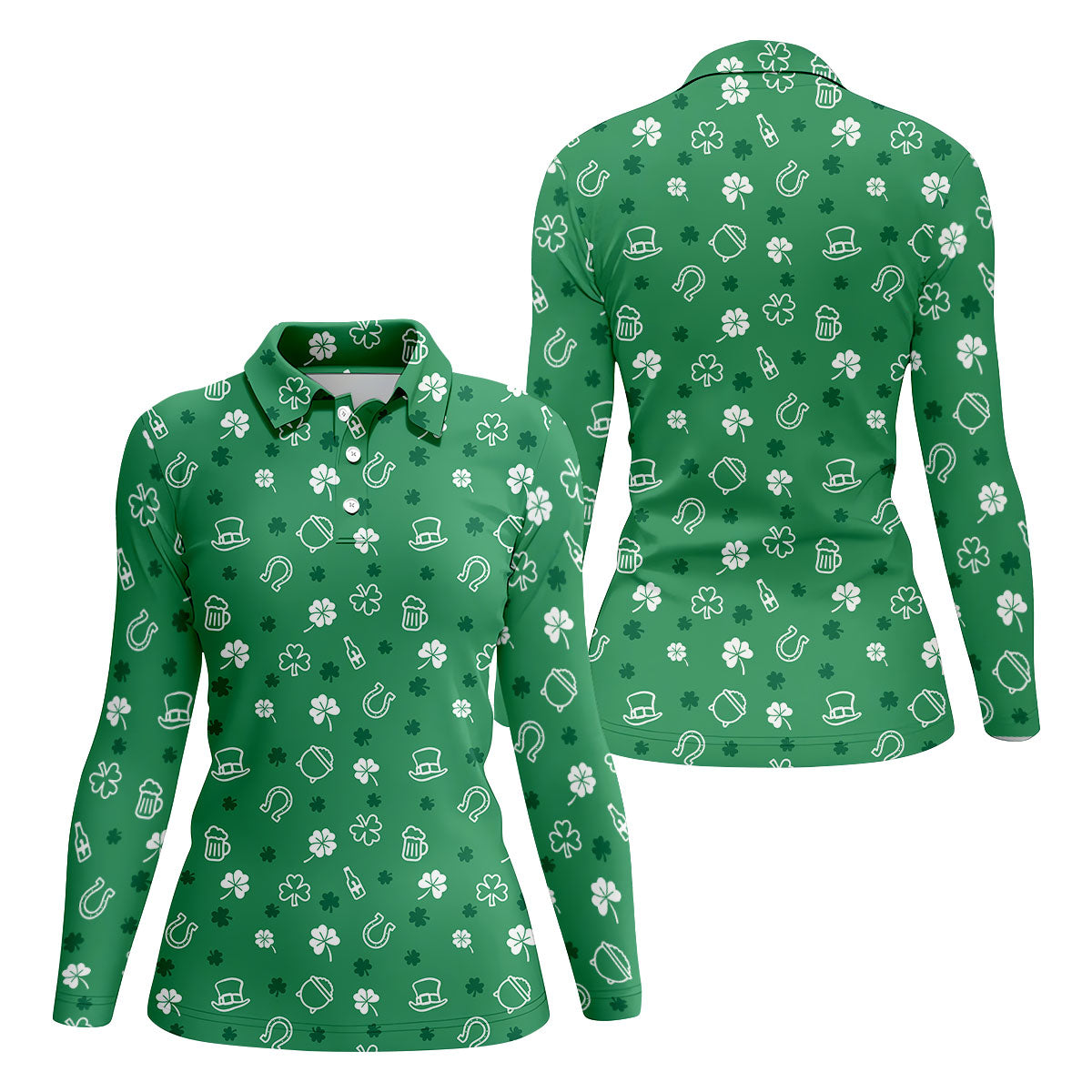 Leprechaun Hat Shamrock Beer Seamless Pattern St. Patrick’s Day Golf Shirt, Women's Golf Tops, Ladies Golf Polos