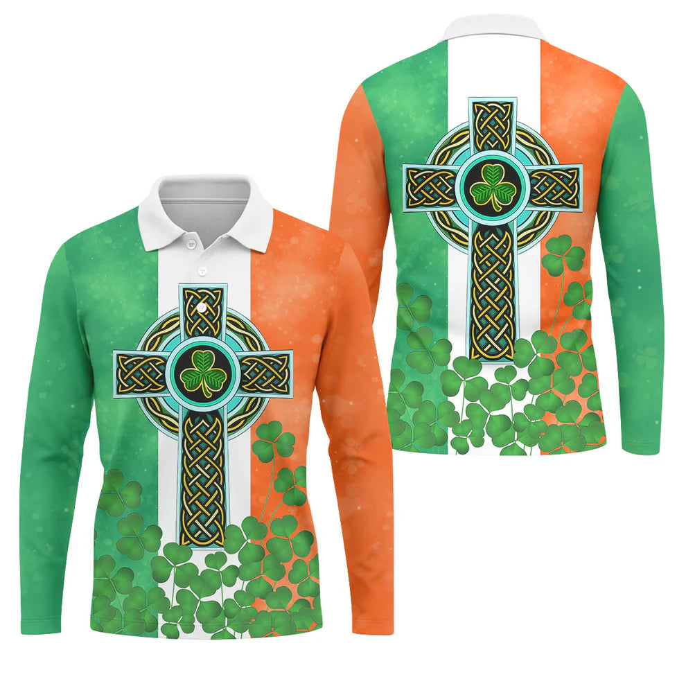 Men's Celtic Cross Knotwork St Patrick's Day Shamrock Golf Shirt