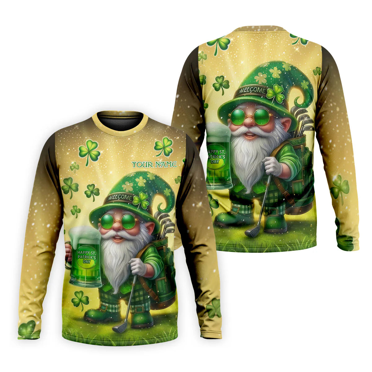 Personalized Men's Happy St Patrick's Day Shamrock Gnome Golf And Beer Shirts, Custom Name