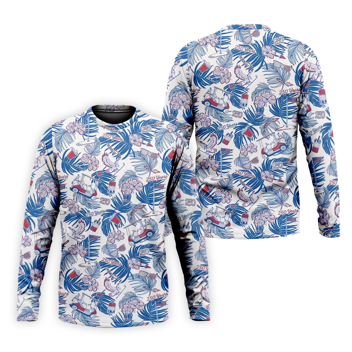 250 Years Red White Blue Tropical Floral Patriotic Golf Shirt, 4th Of July Golf Shirts For Men