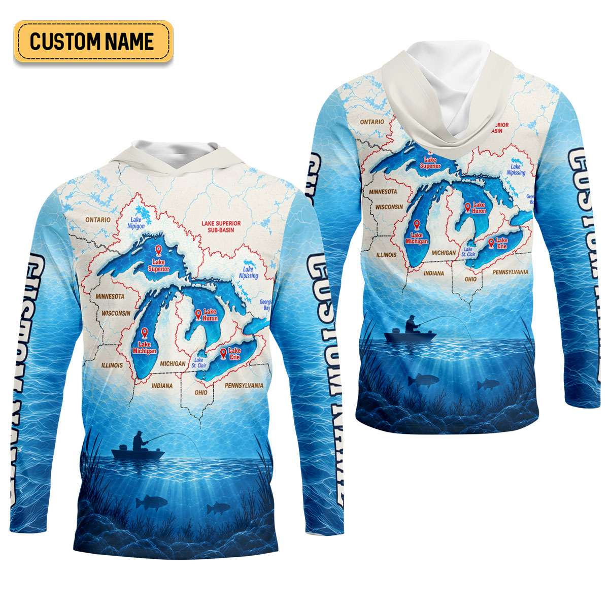Personalized Great Lakes Fishing Map UPF Shirt, Womens Fishing Shirt, Fishing Apparel Shirt