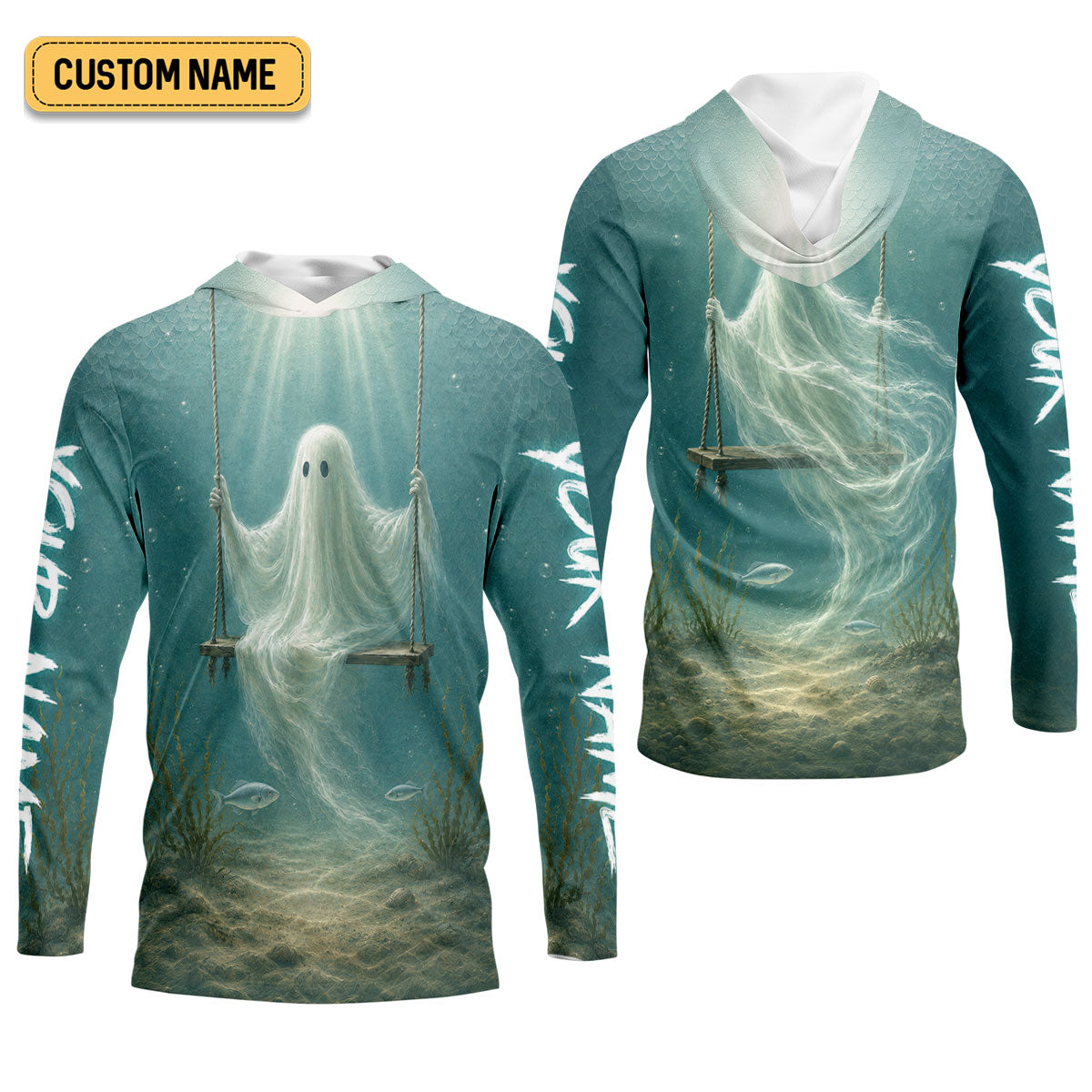 Your Name Underwater Ghost Halloween Fishing UPF Shirt, Mens Fishing Shirt, Fishing Apparel