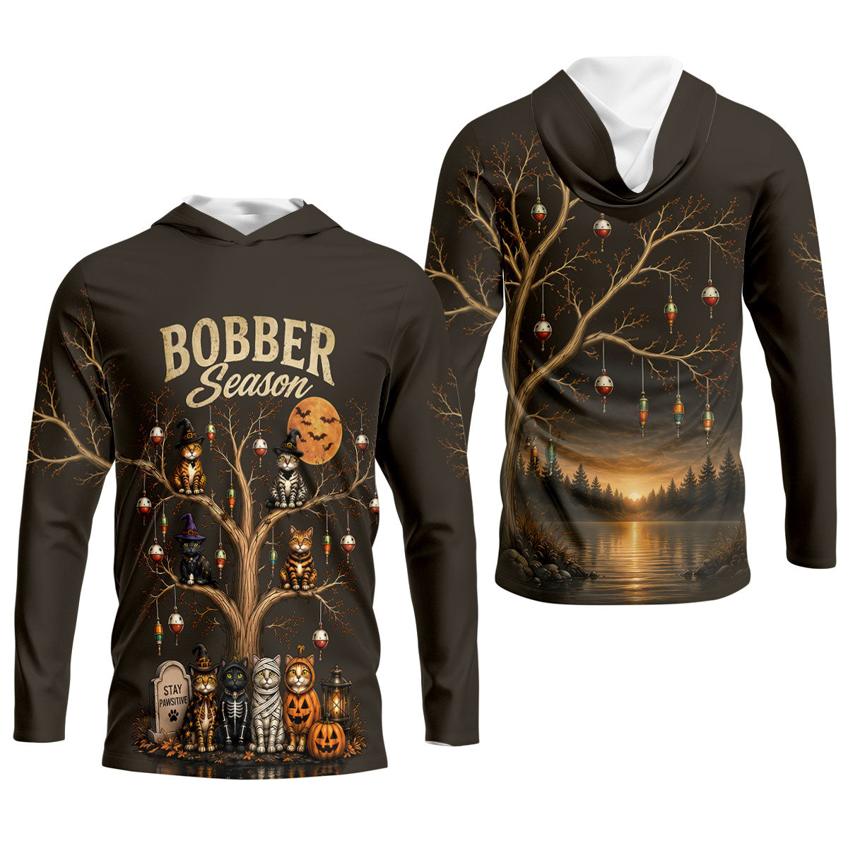Bobber Season Halloween Cat UPF Fishing Shirt, Fishing Shirts For Men, Long Sleeve Shirt
