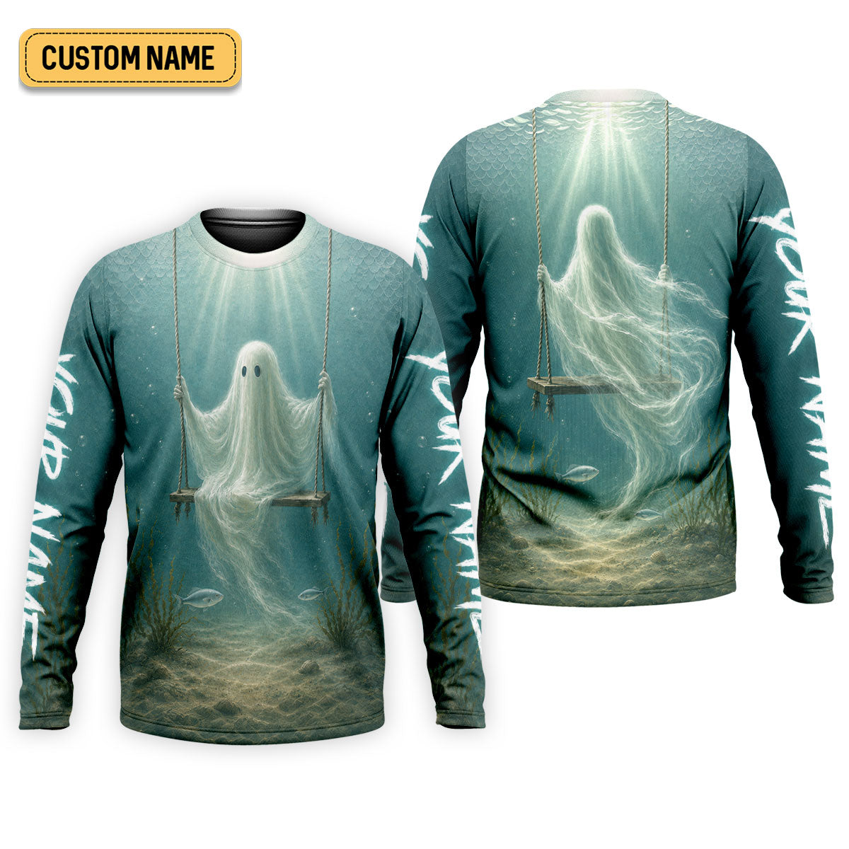Your Name Underwater Ghost Halloween Fishing UPF Shirt, Mens Fishing Shirt, Fishing Apparel