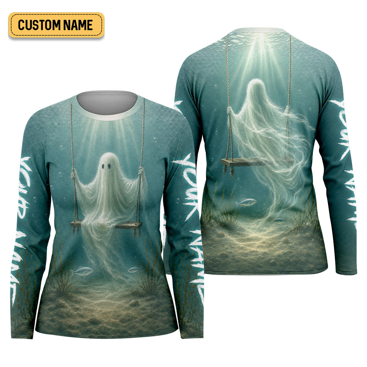 Your Name Underwater Ghost Halloween Fishing UPF Shirt, Womens Fishing Shirt, Fishing Apparel