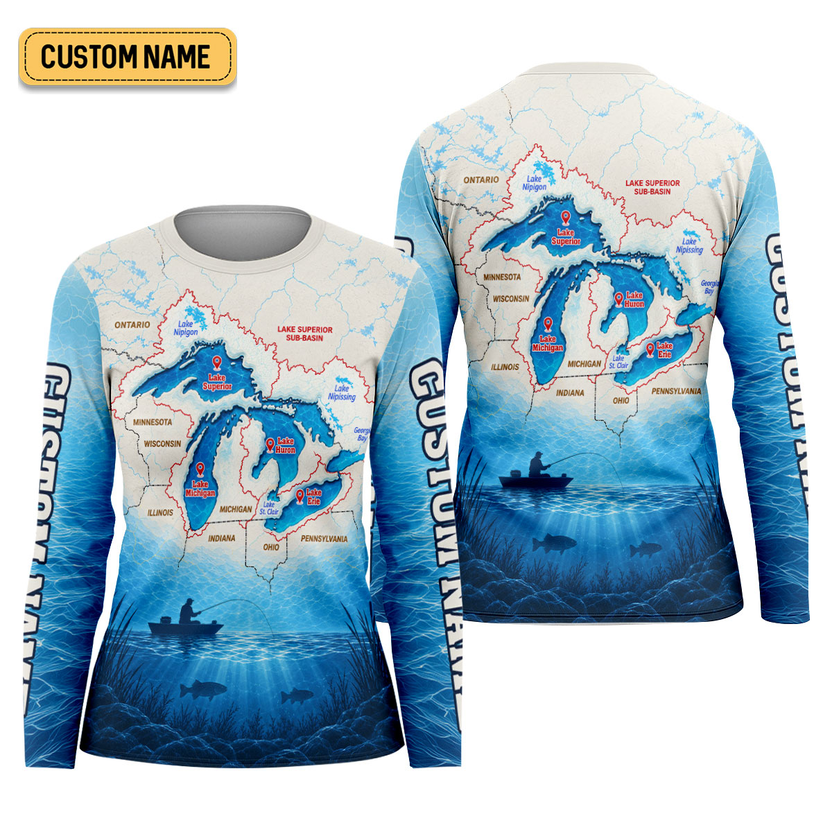 Personalized Great Lakes Fishing Map UPF Shirt, Womens Fishing Shirt, Fishing Apparel Shirt