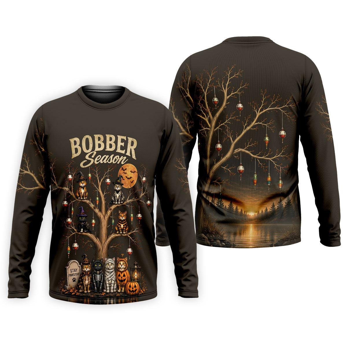 Bobber Season Halloween Cat UPF Fishing Shirt, Fishing Shirts For Men, Long Sleeve Shirt