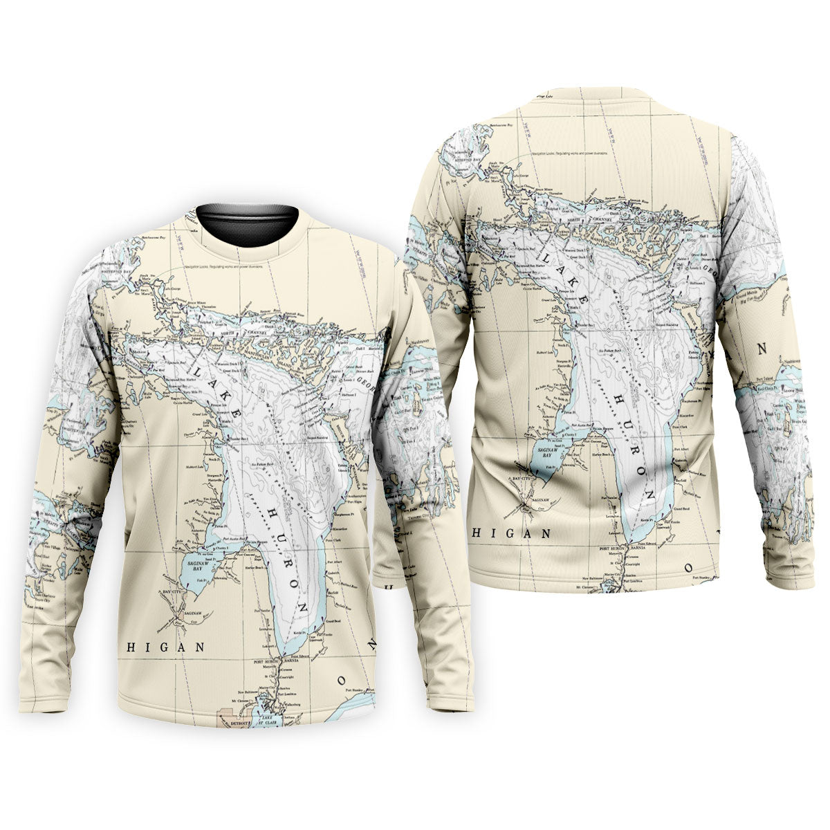 Vintage Lake Huron Map UPF Shirt, Long Sleeve Fishing Shirt For Men, Fishing Sun Shirt