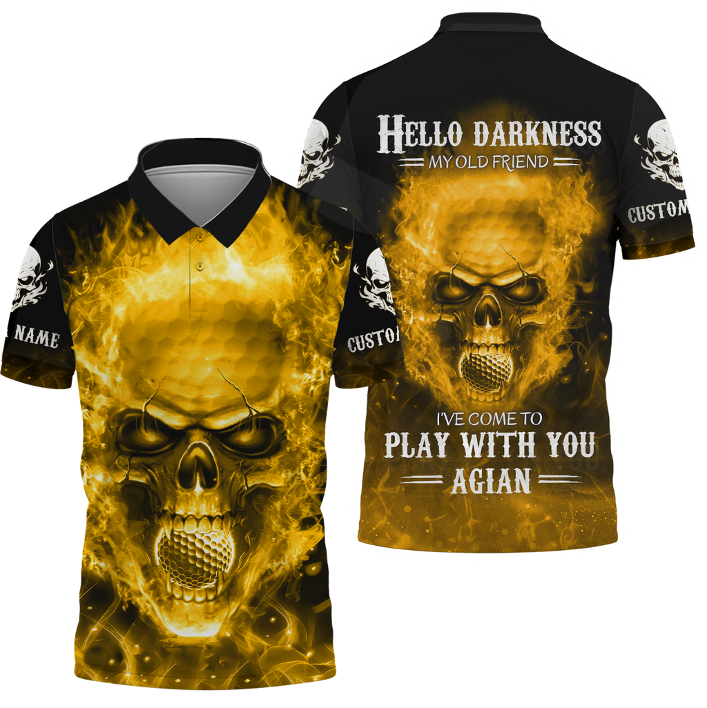 Hello Darkness My Old Fire Skull Golf Polo Shirt, Golf Apparel, Golf Gift For Men