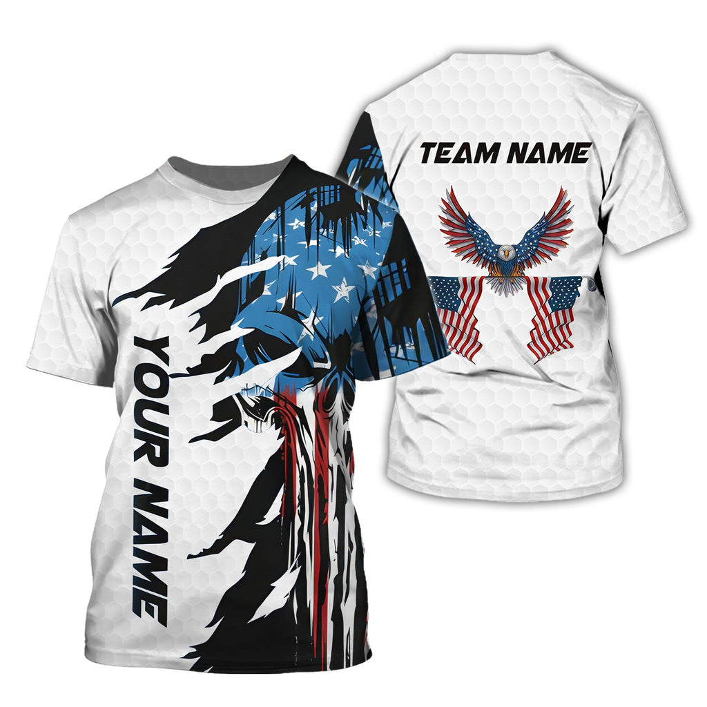 Skull US Flag White Custom Men's Golf Polo ShirtGolfing Apparel, Mens Golf Gift
