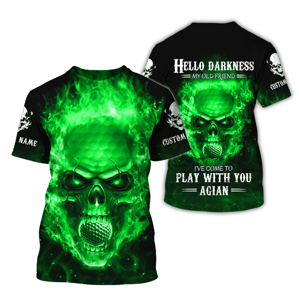 Hello Darkness My Old Green Blue Flame Skull Golf Polo Shirt, Golf Apparel, Golf Gift For Men