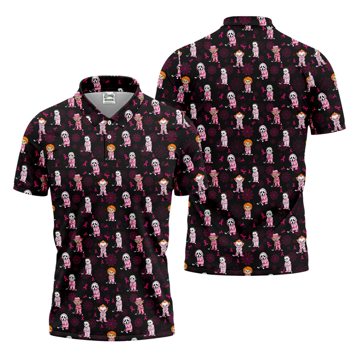 Black Halloween Horror Breast Cancer Polo Shirt, Men's Golf Shirt, Printed Golf Shirts