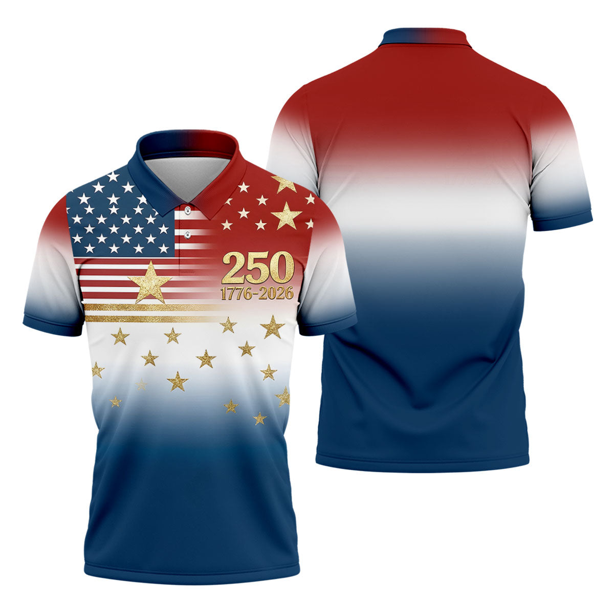 250 Years 1776-2026 Golden Star Golf Shirts For Men, Patriotic 4th Of July Polo ShirtFor Men