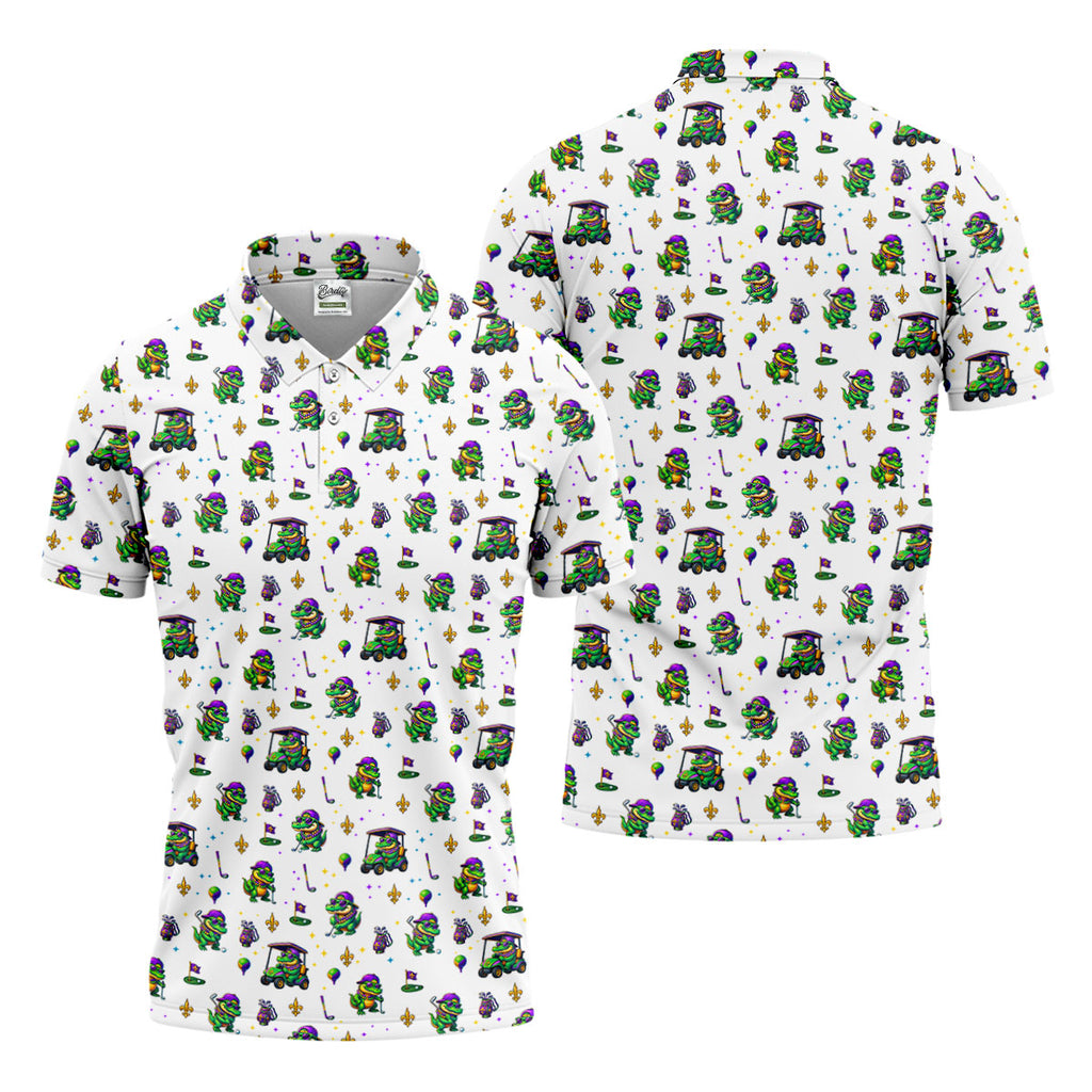 Funny Crocodile Golfing Mardi Gras Golf Shirts, White Golf Shirt, Golf Gift For Men, Golf Shirts For Men