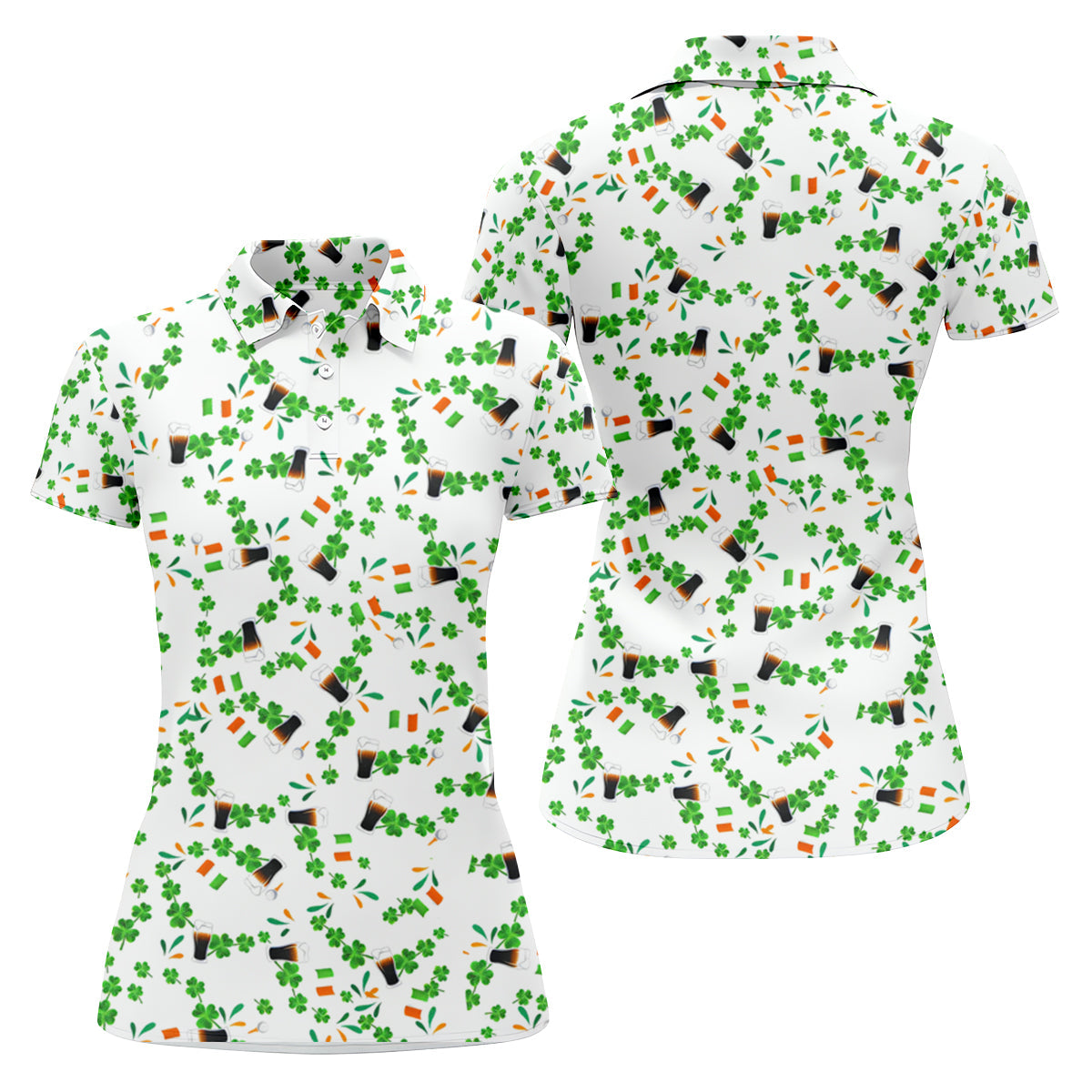 Dark Stout Beer St Patrick's Day Shamrocks White Golf Shirt, Women's Golf Tops, Ladies Golf Shirt
