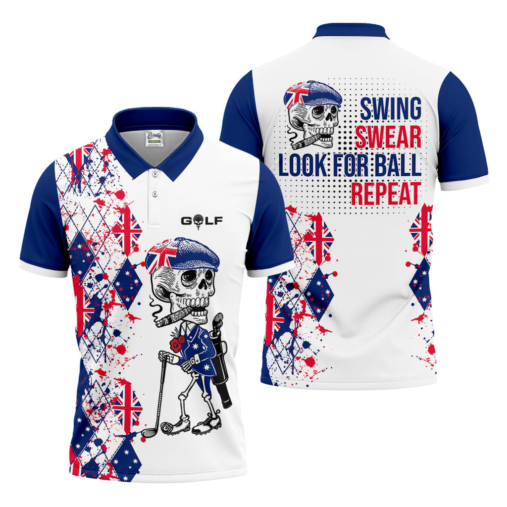 Swing Swear Look For Ball Repeat Australia Flag Print Skeleton Golfer Argyle Golf Shirt, Polo Shirts For Men