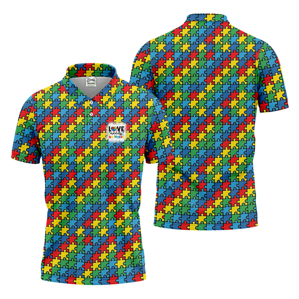 Love Needs No Words Autism Awareness Jigsaw Puzzle Pieces Men's Golf Shirt, Polo Shirts For Men