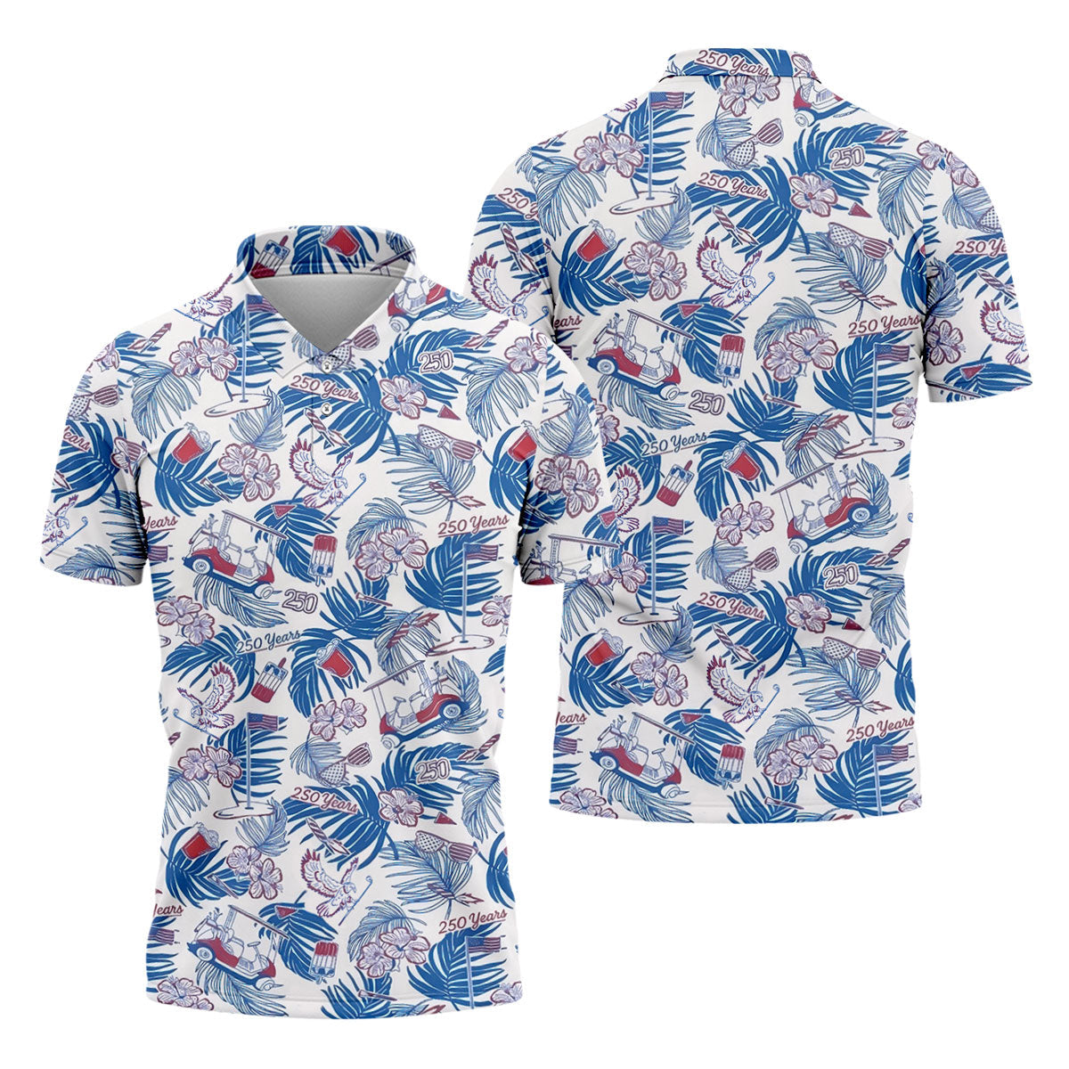 250 Years Red White Blue Tropical Floral Patriotic Golf Shirt, 4th Of July Golf Shirts For Men
