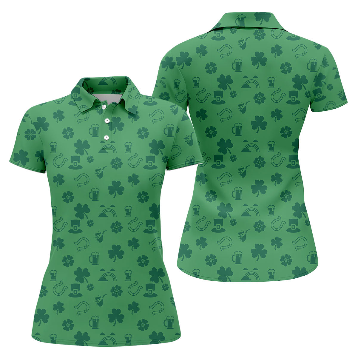 Leprechaun Hat Shamrock Beer Dark Green Seamless Pattern St. Patrick’s Day Golf Shirt, Women's Golf Tops