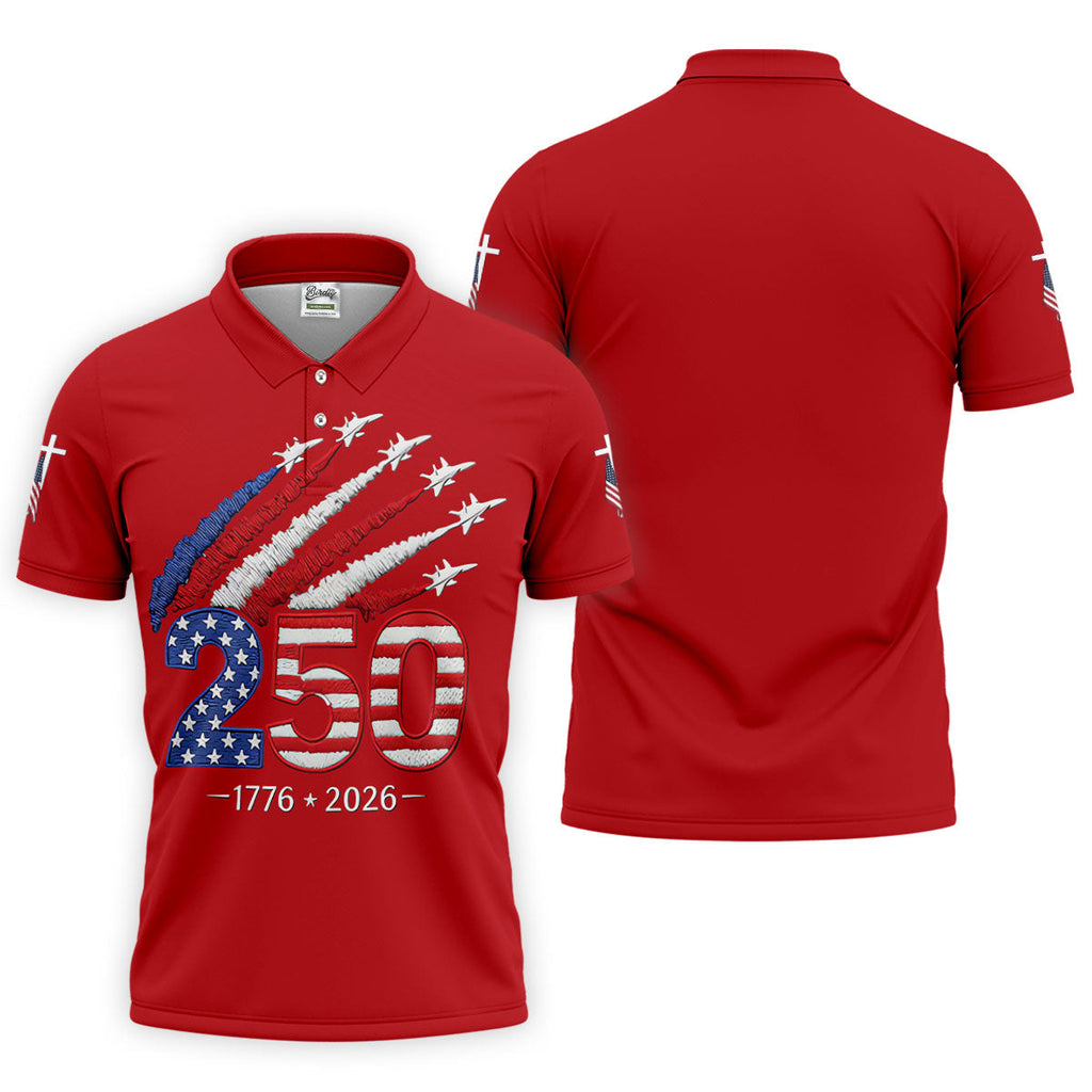 Flying Fighter Jets Faith Cross Patriotic 4th Of July Red Golf Shirt, 250 Years Golf Shirts For Men