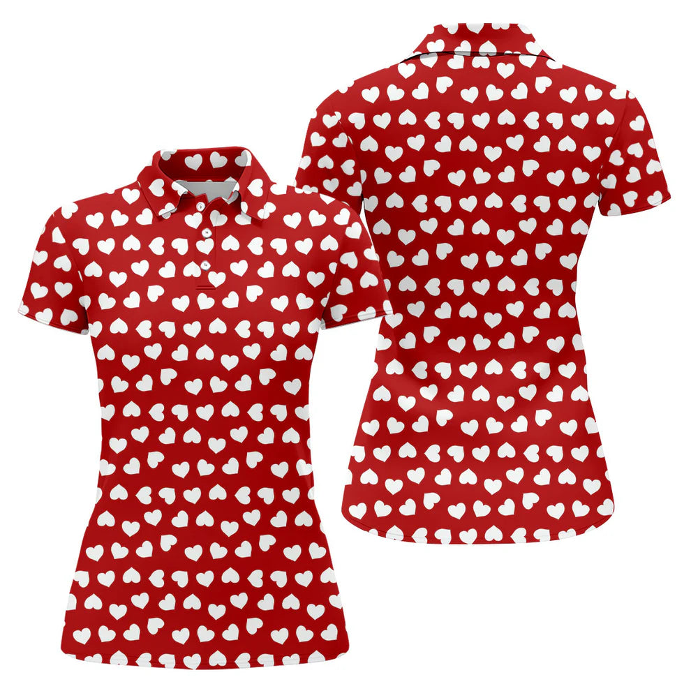 White And Red Heart Pattern Women’s Golf Polo, Valentine Golf Gift, Ladies Golf Shirt
