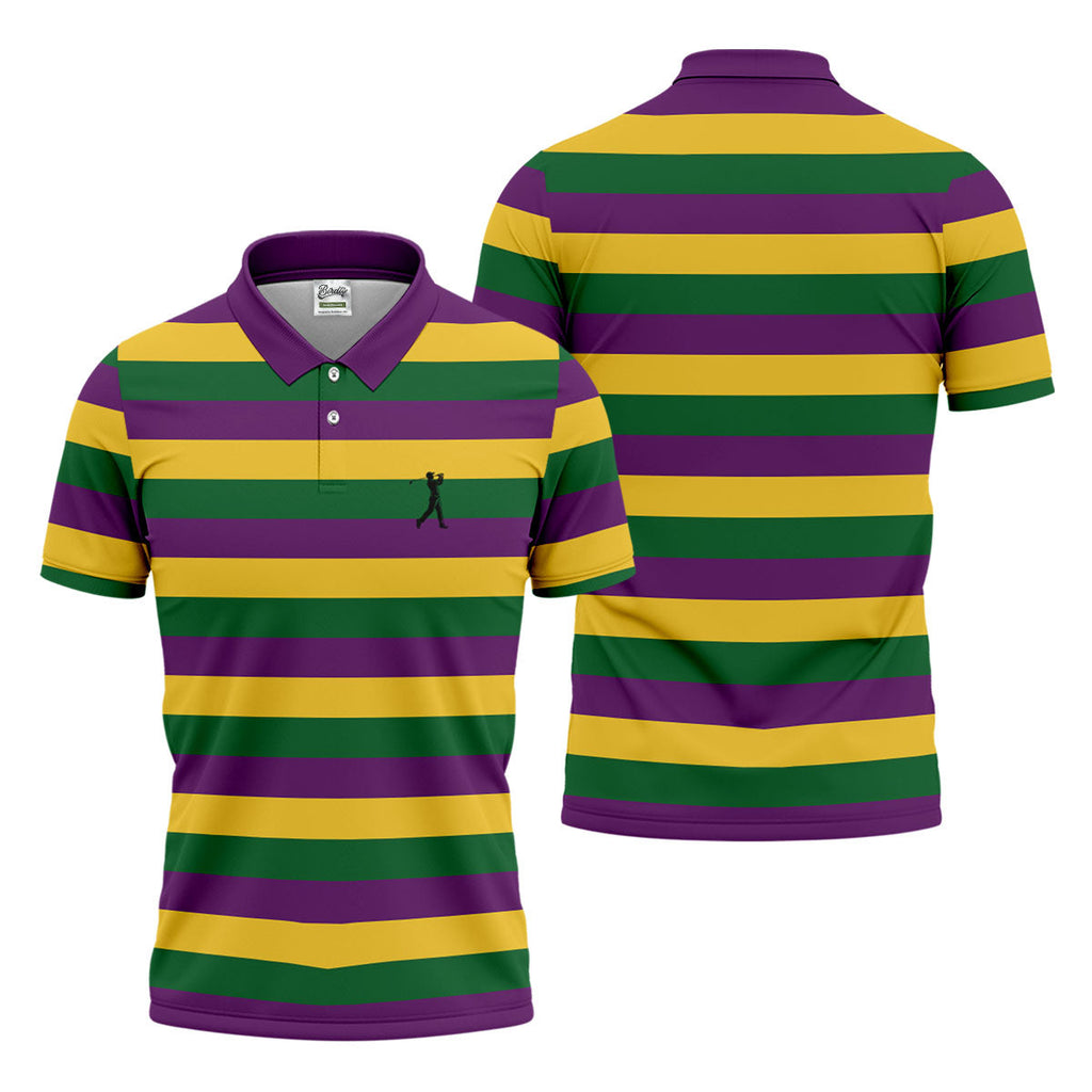 Gold Purple Green Mardi Gras Stripe Pattern Men's Golf Polo Shirts, Golf Gift For Men, Golf Shirts For Men