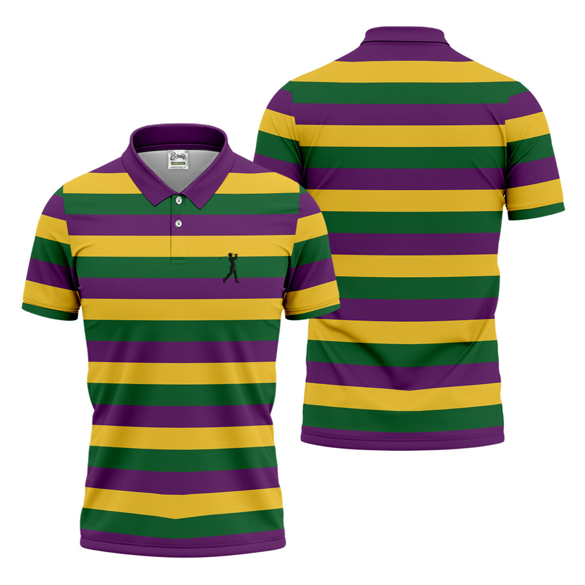 Gold Purple Green Mardi Gras Stripe Pattern Men's Golf Polo Shirts, Golf Gift For Men, Golf Shirts For Men