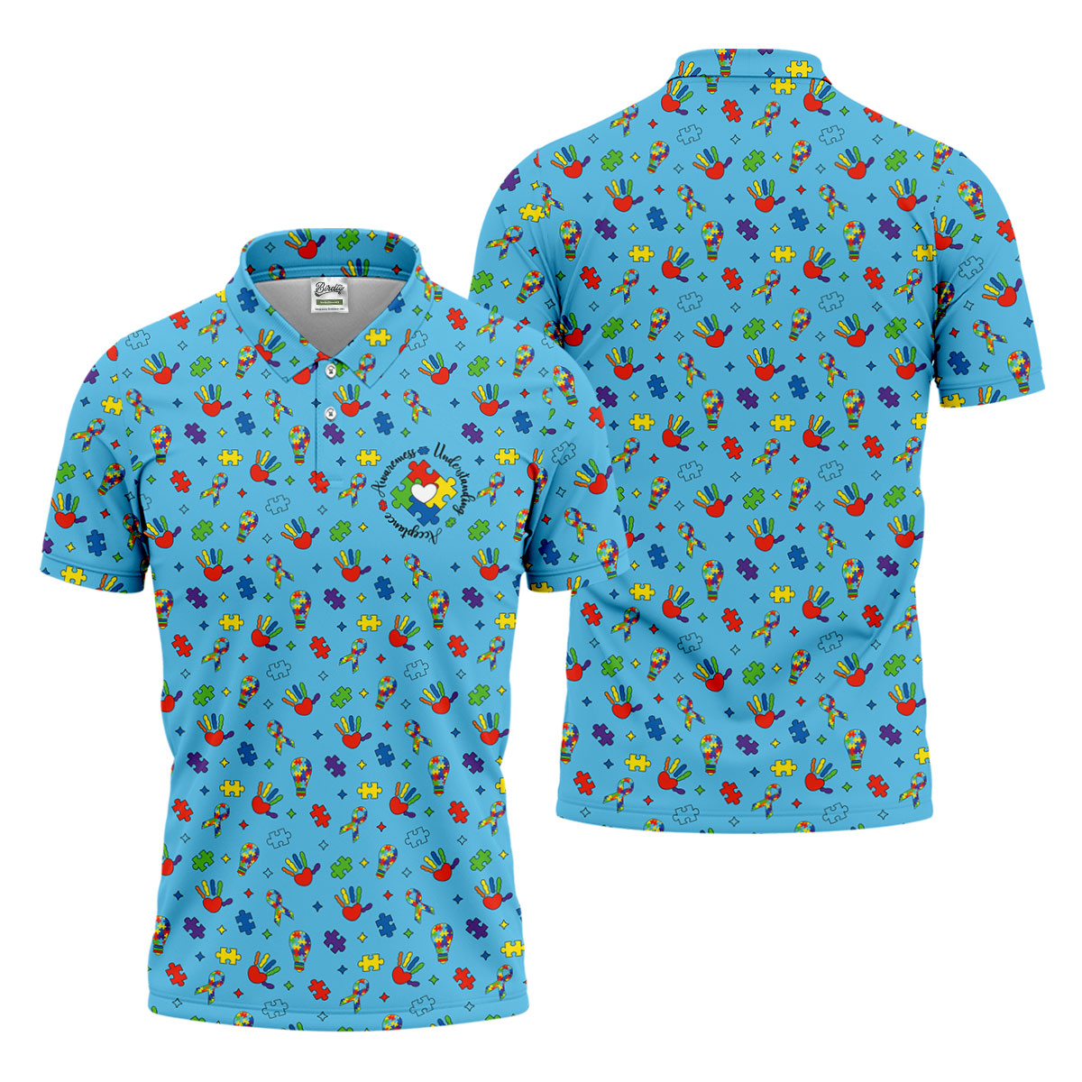 Awareness Understanding Acceptance Autism Ribbon Blue Golf Shirt, Autism Awareness Colors Golf Shirts For Men