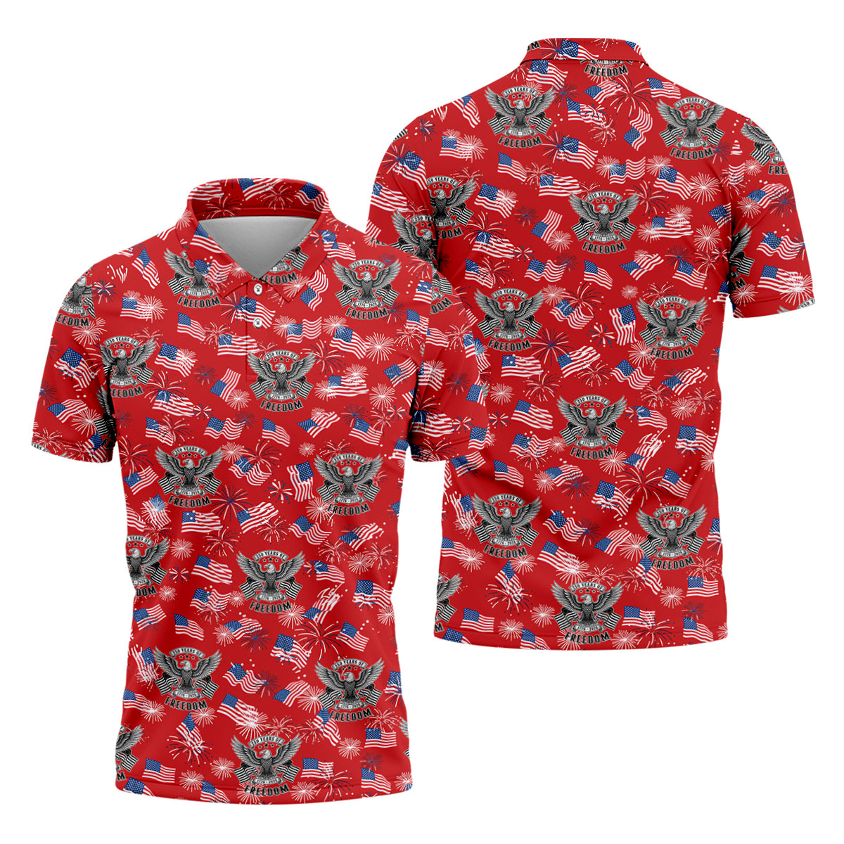 250 Years Of Freedom Festive Flag Vintage Red Golf Shirt, Patriotic 4th Of July Golf Shirts For Men