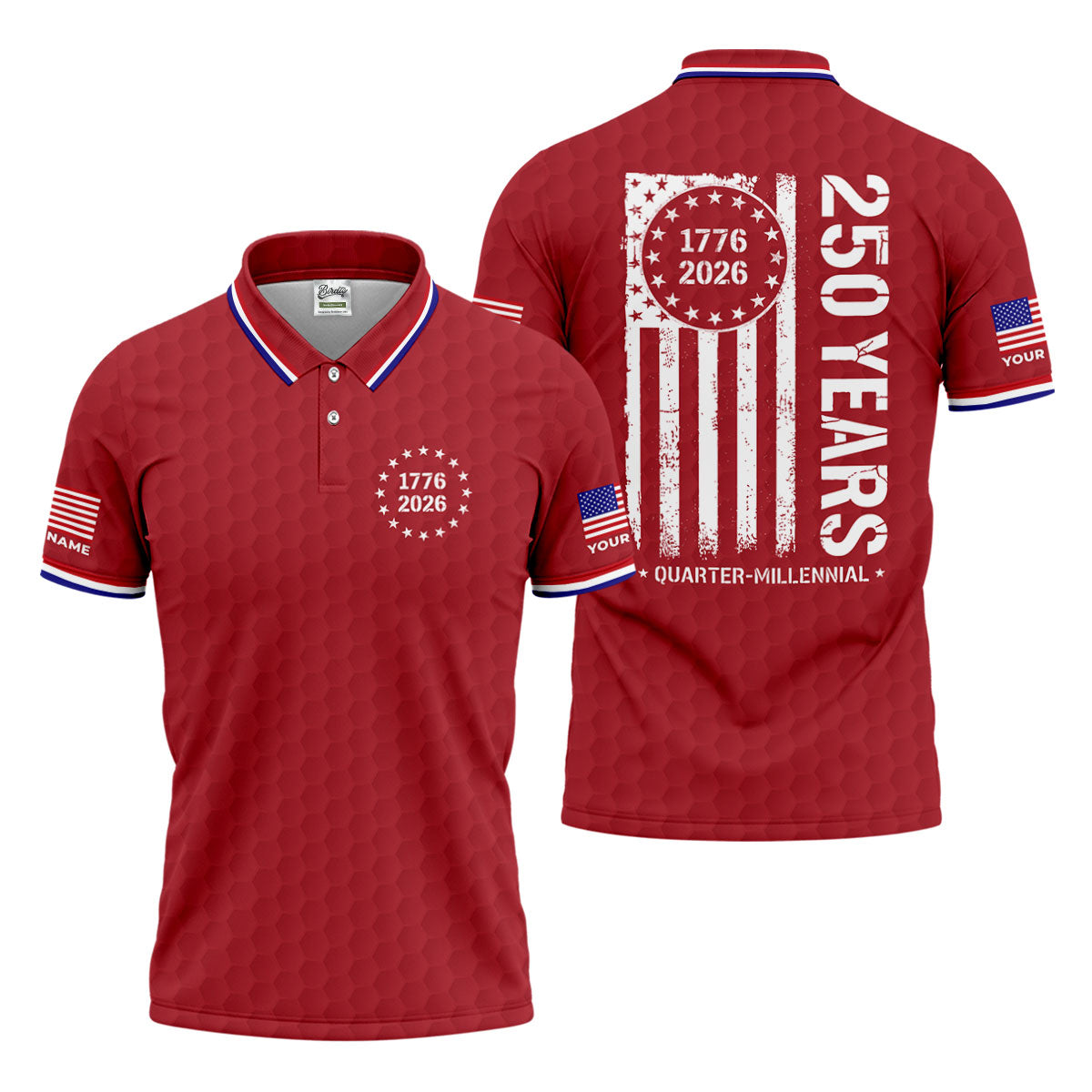 250 Years Quarter Millennnial Golf Ball Pattern Red Patriotic Golf Shirt, 4th Of July Golf Shirts For Men