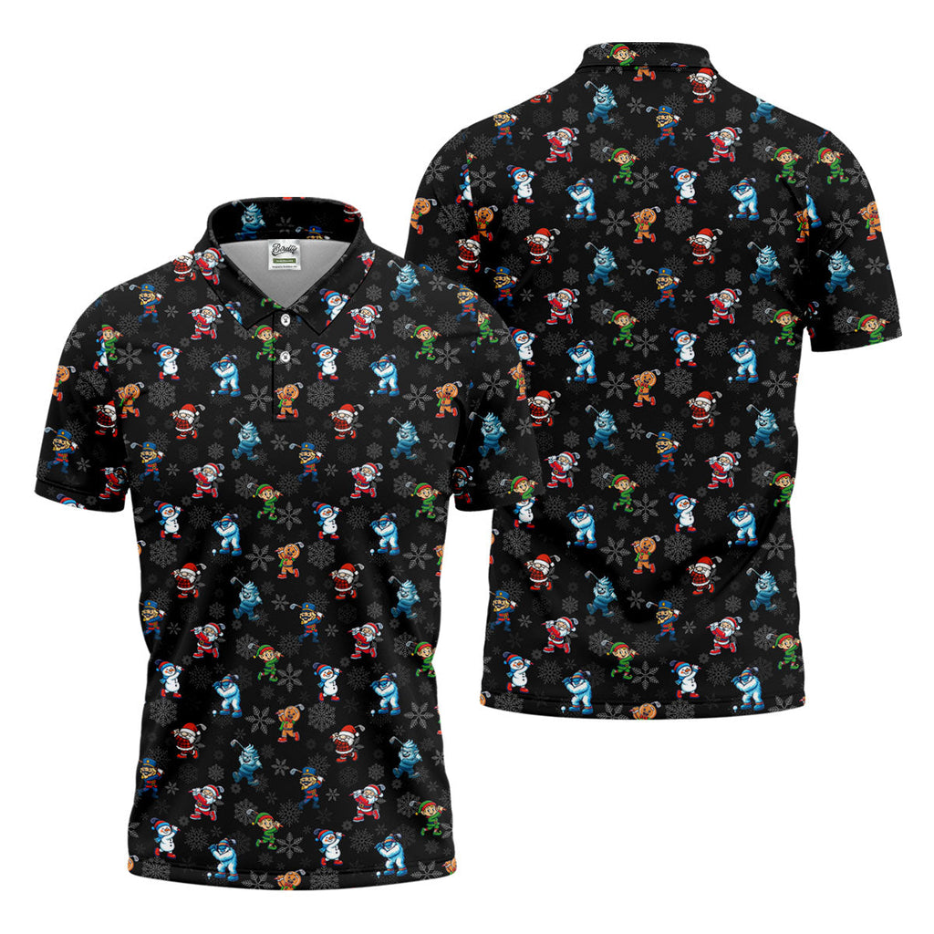 Funny Christmas Characters Golf Pose Black Golf Shirt, Christmas Golf Shirt, Polo ShirtFor Men
