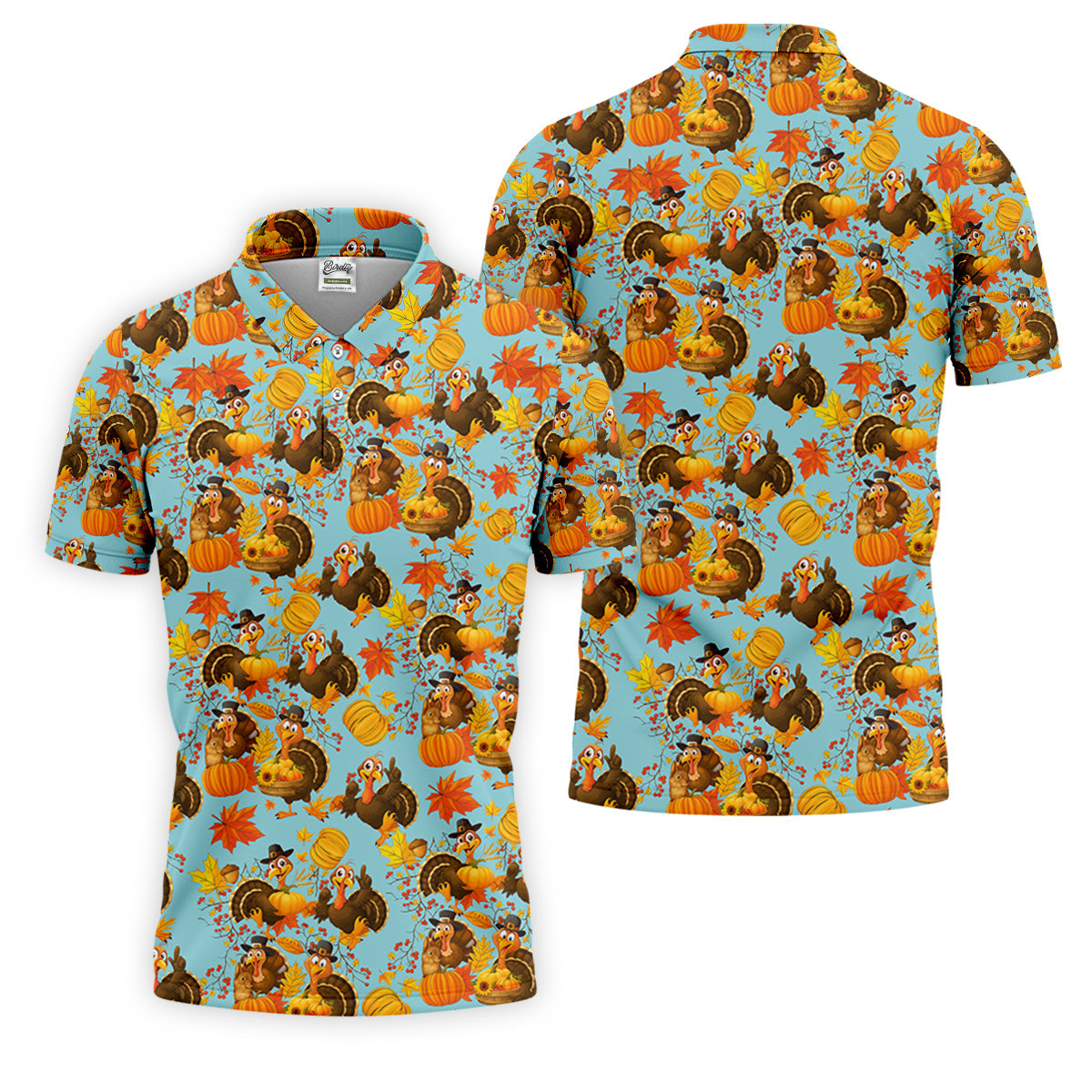 Turkey Pumpkin Thanksgiving Holiday Blue And Orange Polo Shirts For Men, Golf Gift For Men