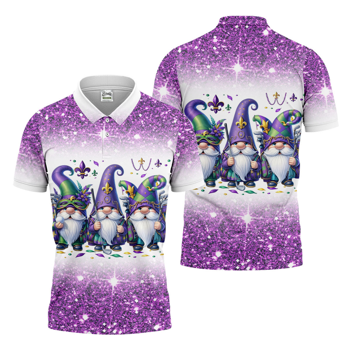 Mardi Gras Gnomes Fleur De Lis Glitter Effect Golf Tops For Men, Polo Shirts For Men, Golf Shirts For Men