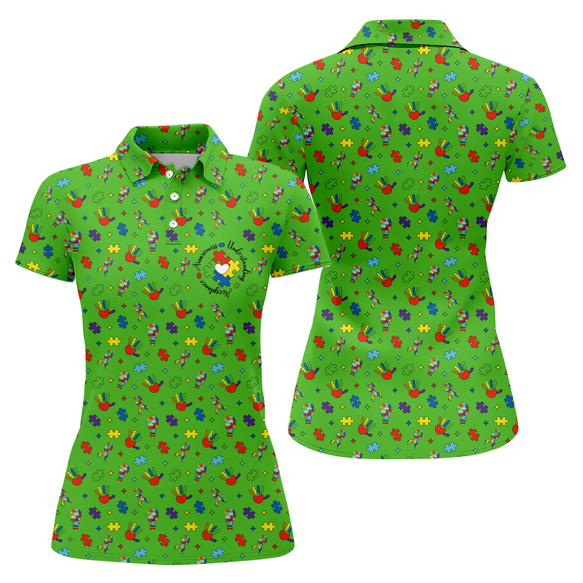 Awareness Understanding Acceptance Autism Ribbon Green Golf Shirt, Autism Awareness Colors Women's Golf Tops