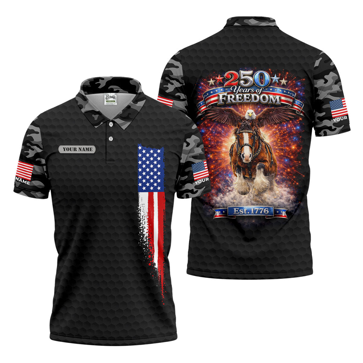 250 Years Of Freedom Black Camo Patriotic Golf Shirt, 4th Of July Golf Shirts For Men