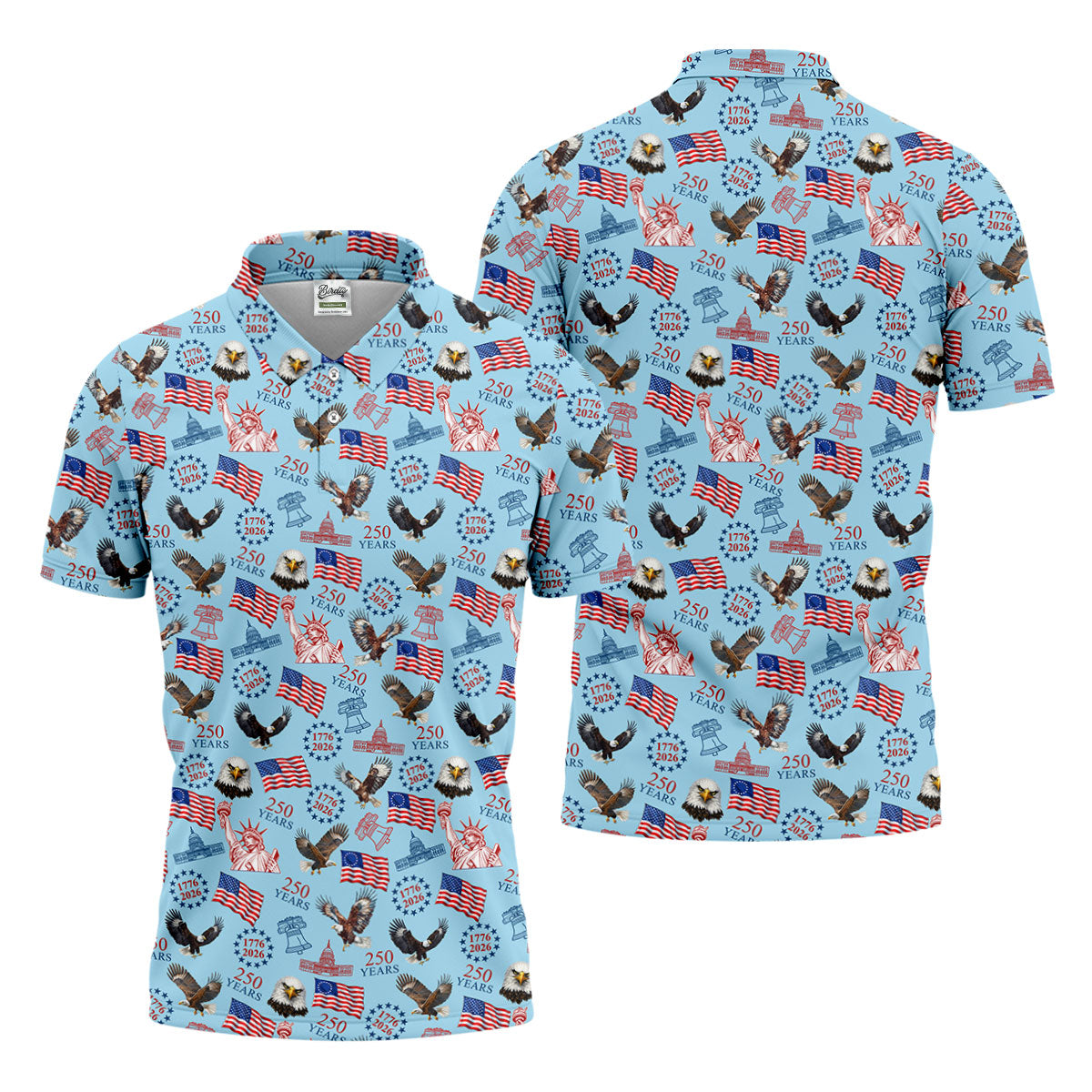 250 Years American Symbol Patriotic Pattern Blue Golf Shirt, 4th Of July Golf Shirt, Golf Shirts For Men