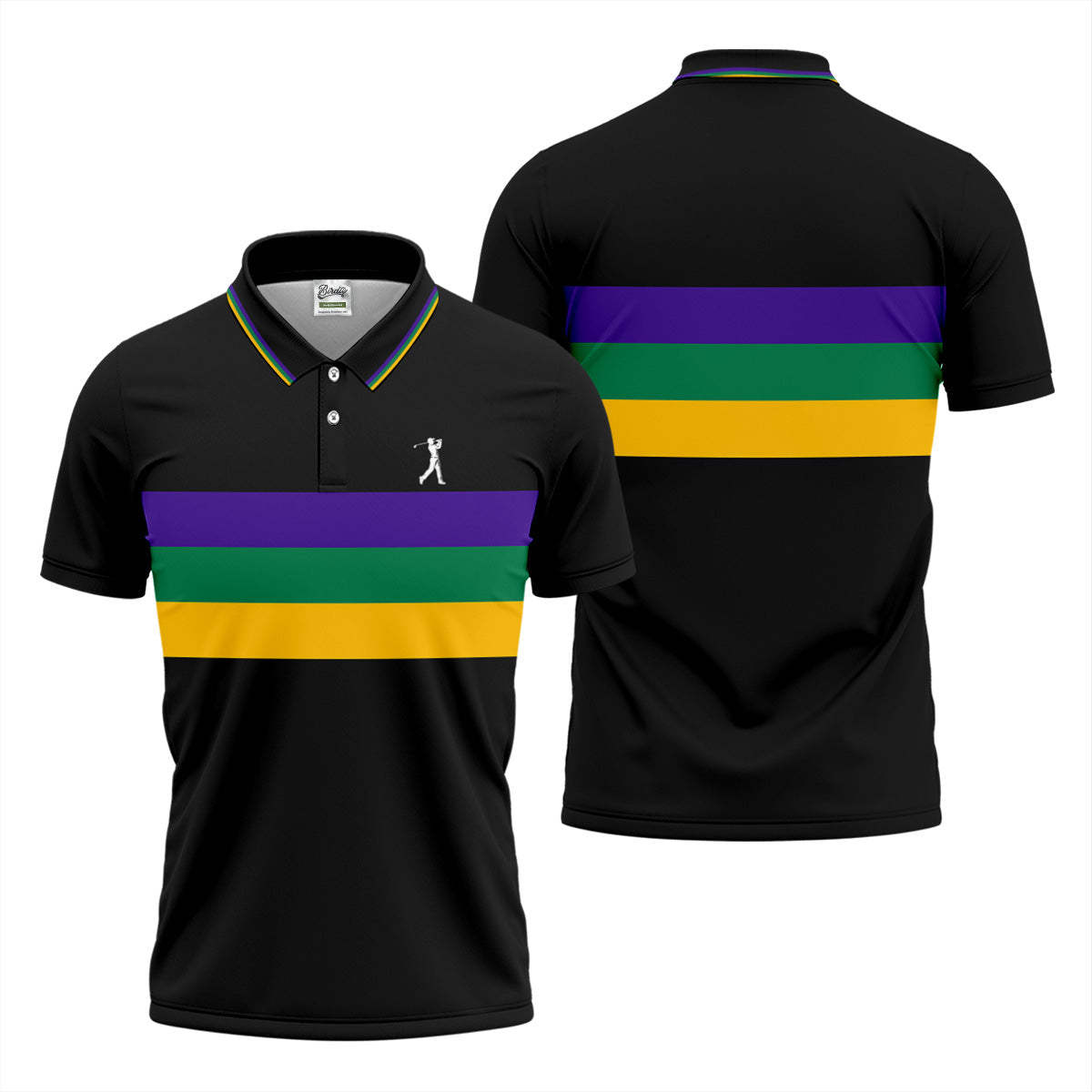 Mardi Gras Purple Green Gold Horizontal Stripes Black Golf Shirt, Golf Tops For Men, Polo Shirts For Men