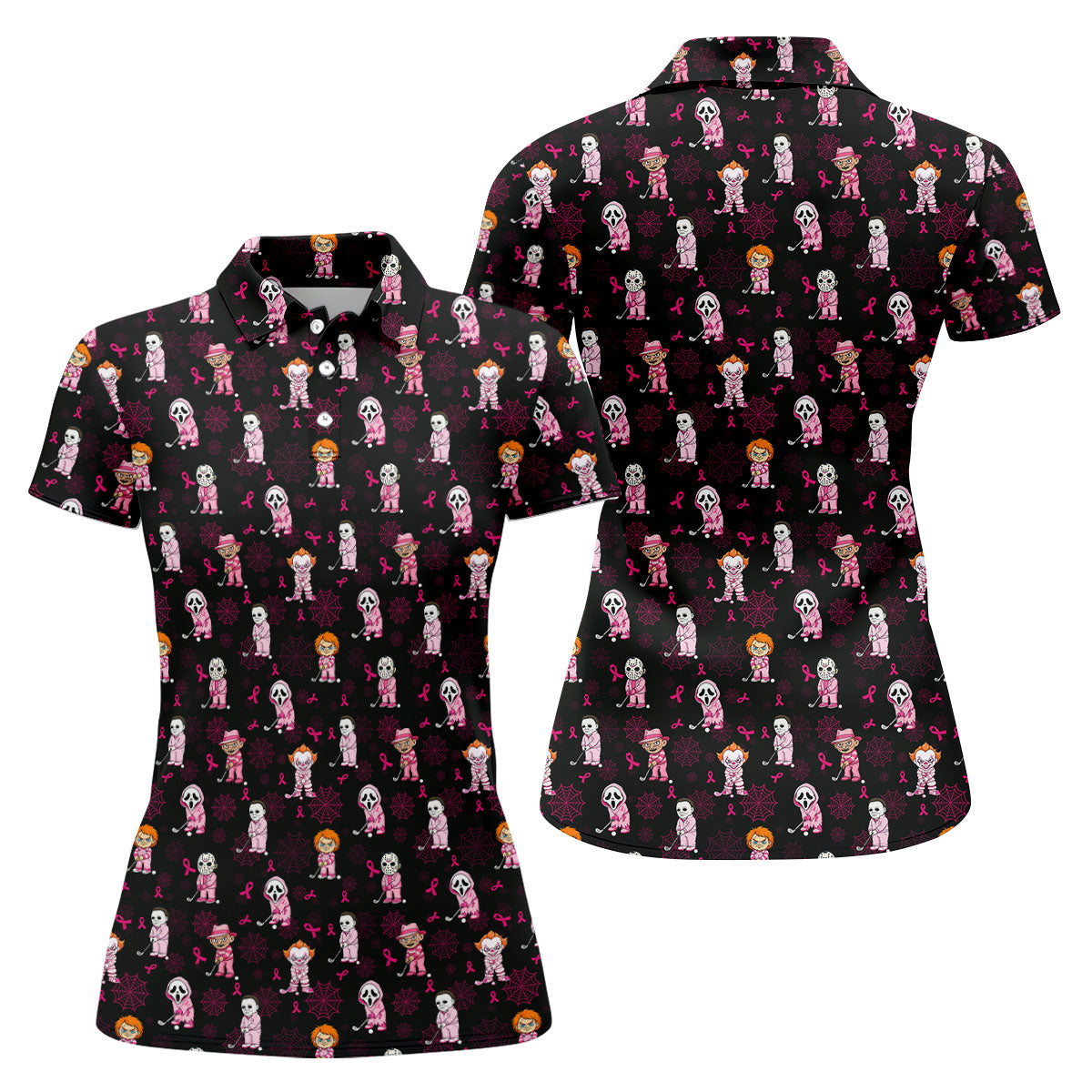 Black Halloween Horror Breast Cancer Polo Shirt, Women's Golf Polo, Golf Tops For Women