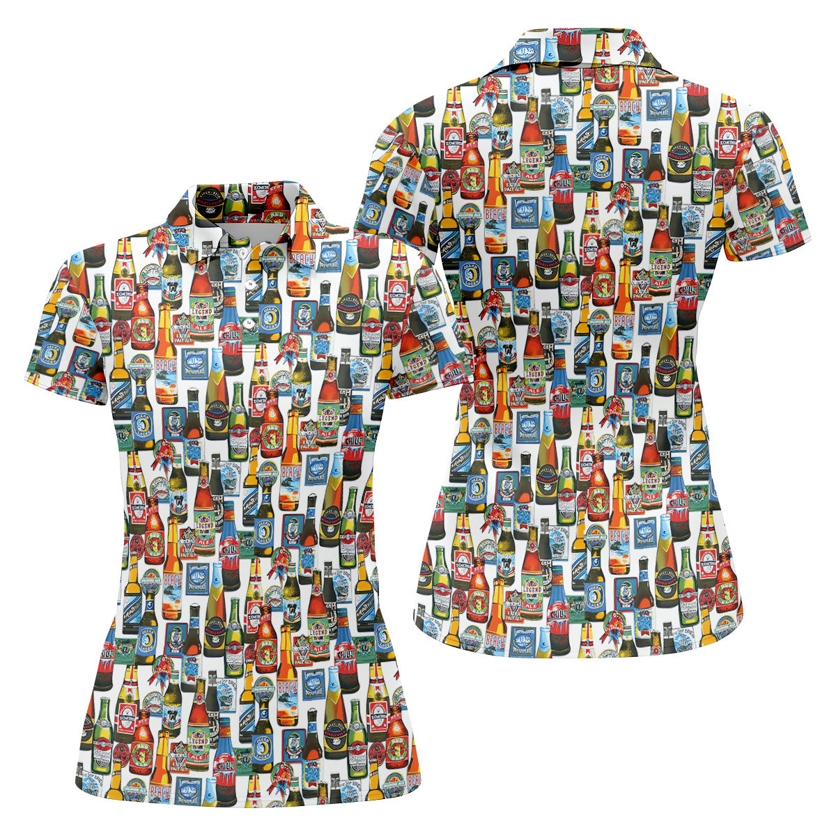 Beer Bottle Labels White Golf Shirt, Fun Women's Golf Shirts, Women's Golf Tops, Ladies Golf Shirt